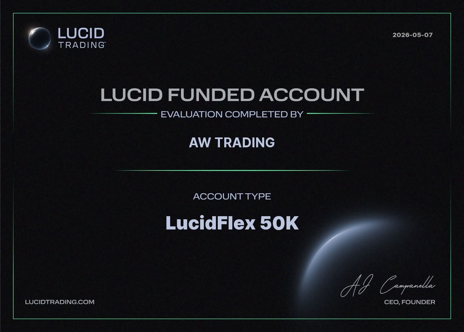 AW Trading funded account certificate