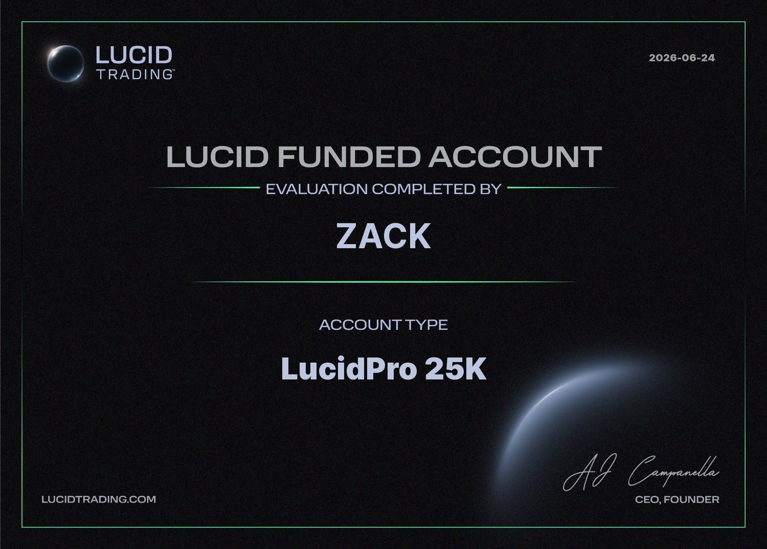 Zack funded account certificate